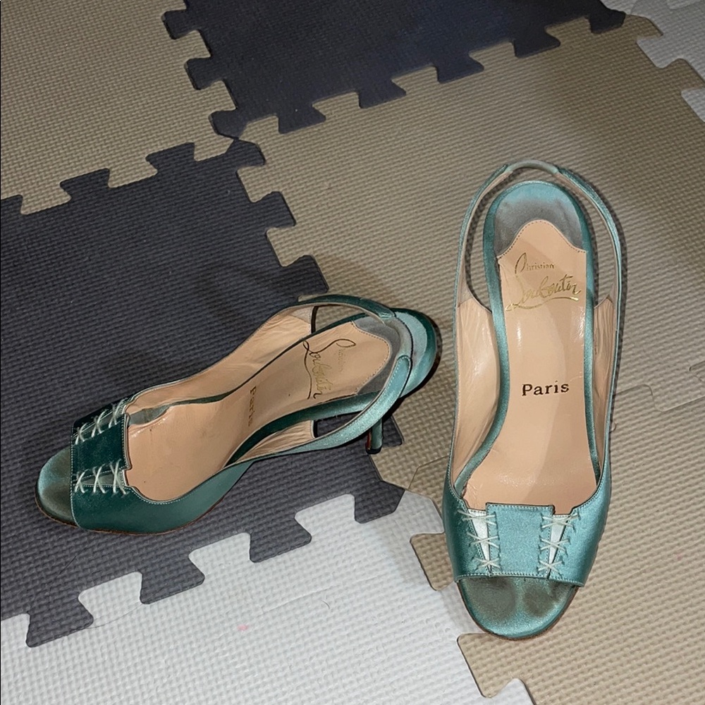 Christian Louboutin Slingback Heels Mint Satin Sandals